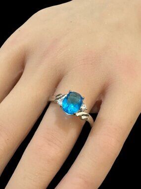 Silver Tone Simulated Blue Gemstone Ring With Accent Stones Size 8.5